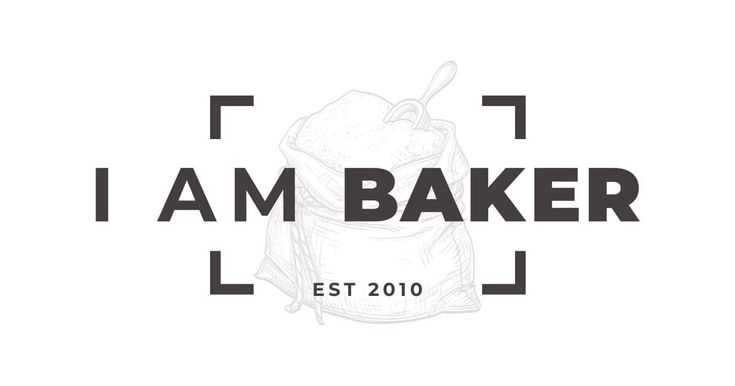 the logo for i am baker est 2010 is shown in black and white, with a bag