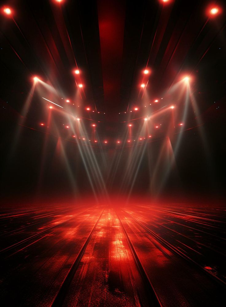 an empty stage with spotlights and red lights