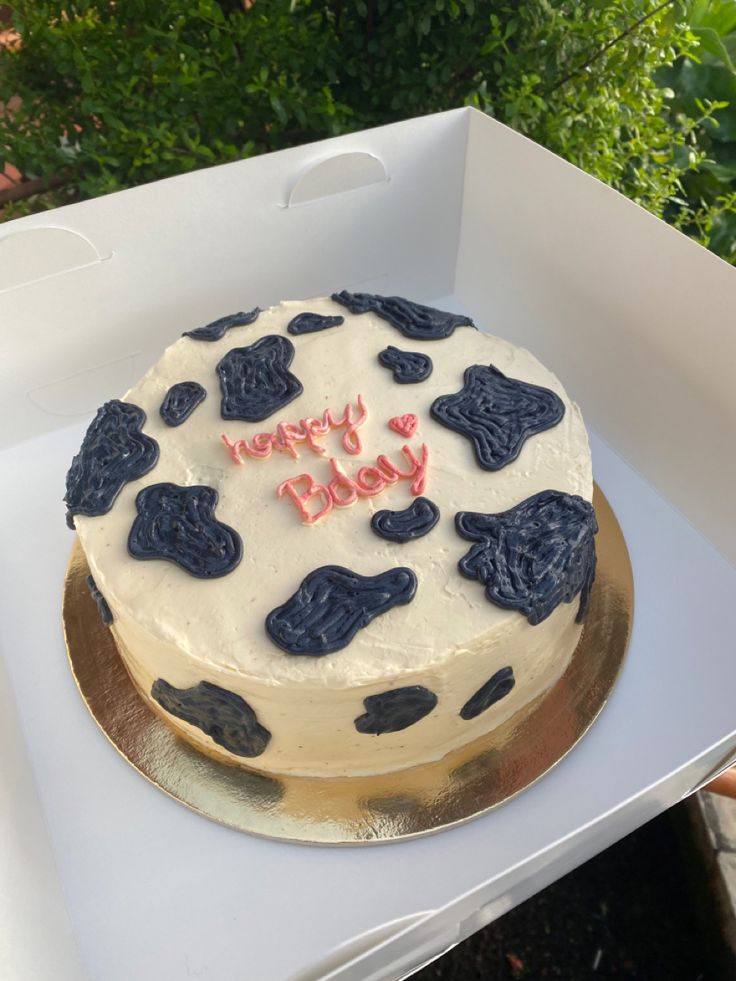 a white and blue cake in a box with happy birthday written on it's side