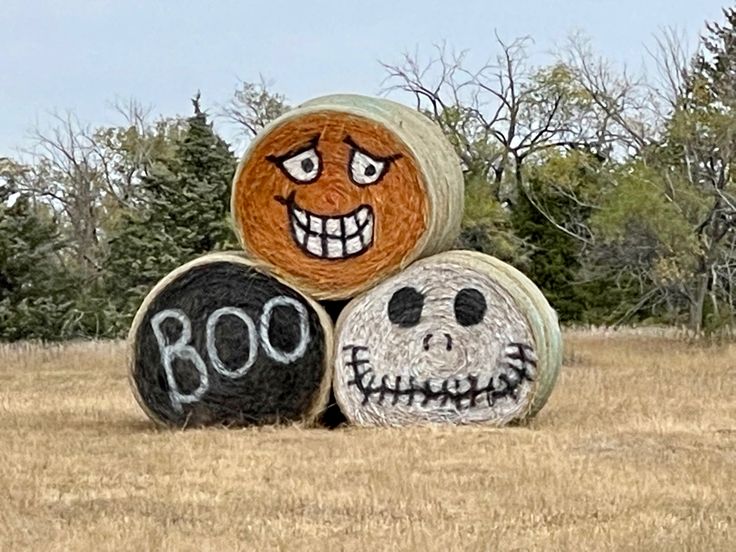 three pumpkins with faces painted on them sitting in the middle of an open field