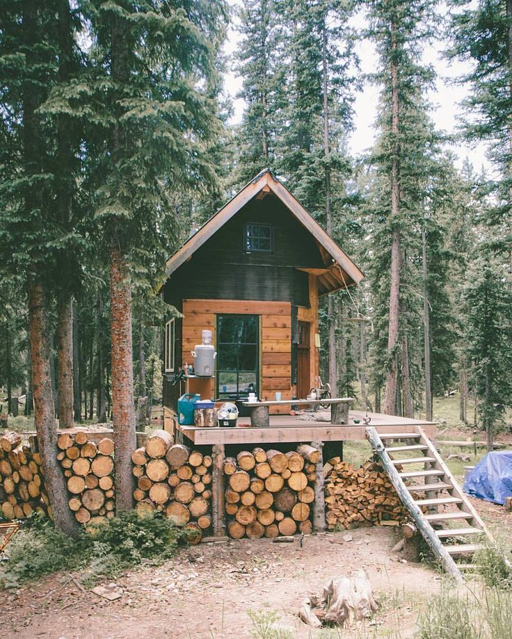 a small cabin in the woods with logs stacked on it's sides and stairs leading up to it