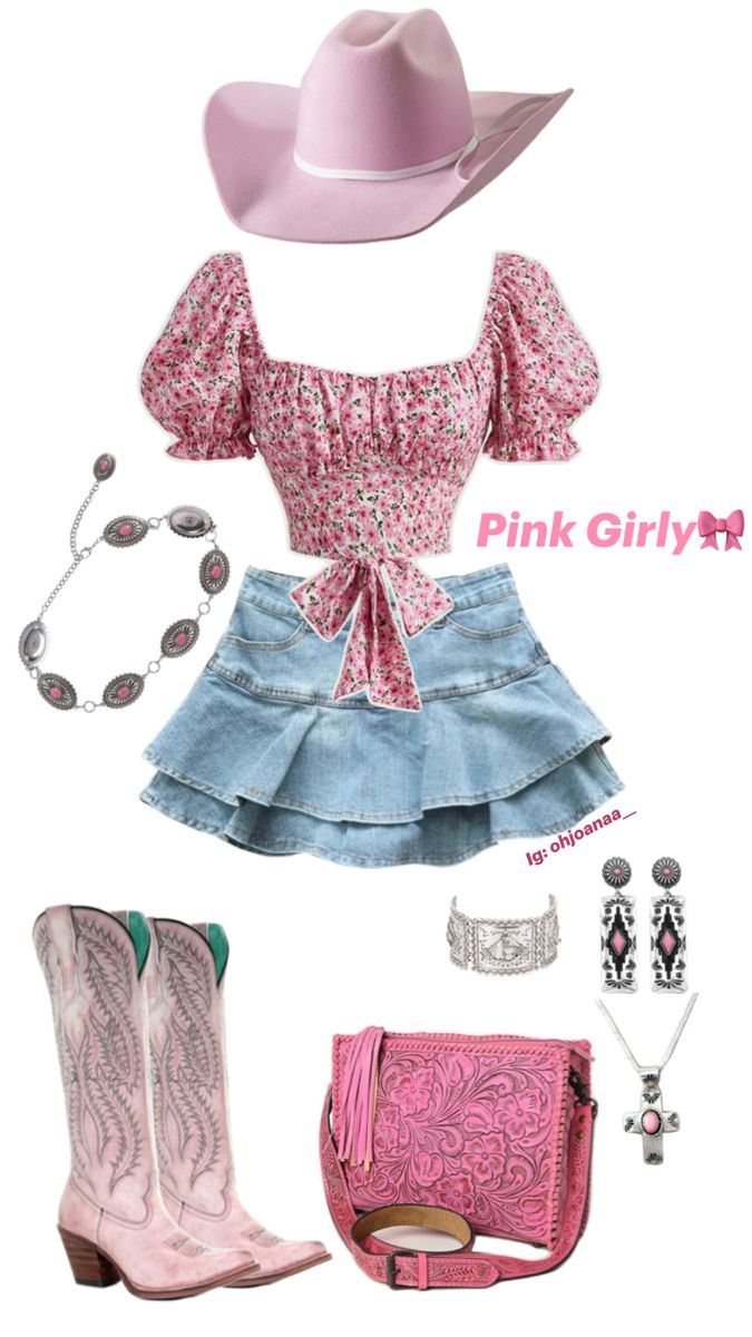 Pink Cowgirl fashion outfit, cowgirl boots, western jewelry Pink Denim Skirt Outfit, Cowgirl Outfits Pink, Cowgirl Skirt, Denim Skirt Outfit, Pink Denim Skirt, Cowgirl Style Outfits, Boots Cowgirl, Denim Skirt Outfits, Pink Cowgirl