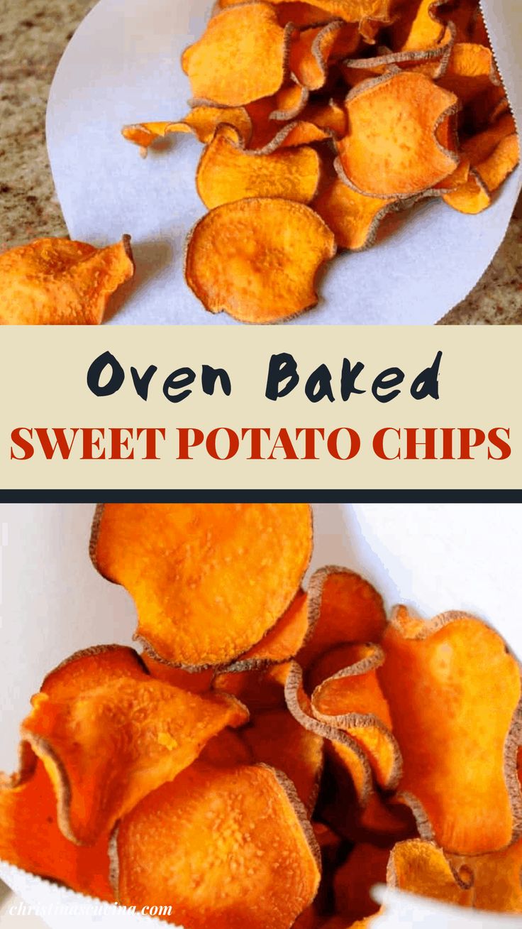 oven baked sweet potato chips on a white plate with the title overlay reads oven baked sweet potato chips