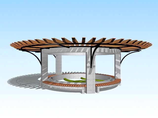 an artistic rendering of a gazebo made out of wood and metal with a green plant in the center