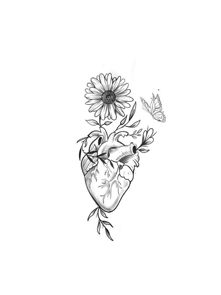 a black and white drawing of a heart with flowers