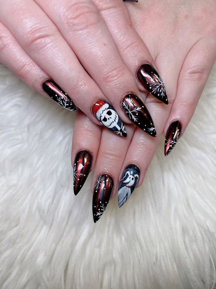 Christmas Nails Nightmare Before, Nightmare Before Christmas Nails For Christmas, Nail Art Nightmare Before Christmas, Edgy Christmas Nails Acrylic, Night Mare Before Christmas Nail Art, Jack Christmas Nails, Jack Skellington Nails Christmas, Christmas Nails Grunge, Nightmare Before Xmas Nails