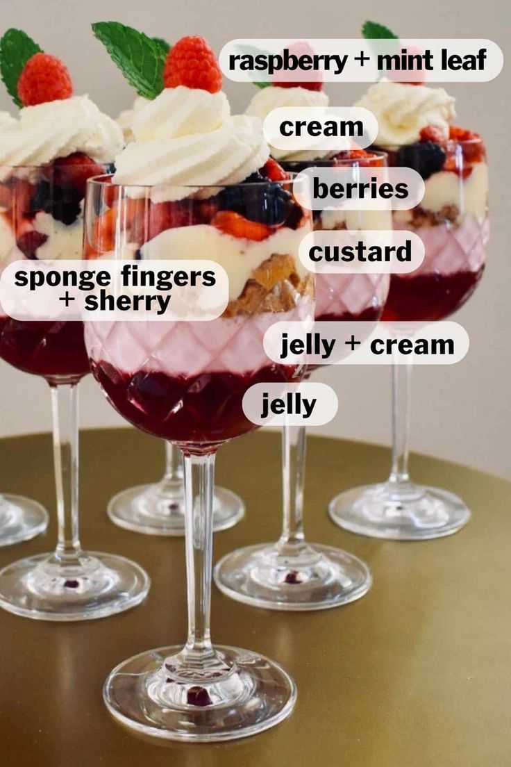 three glasses filled with desserts on top of a table