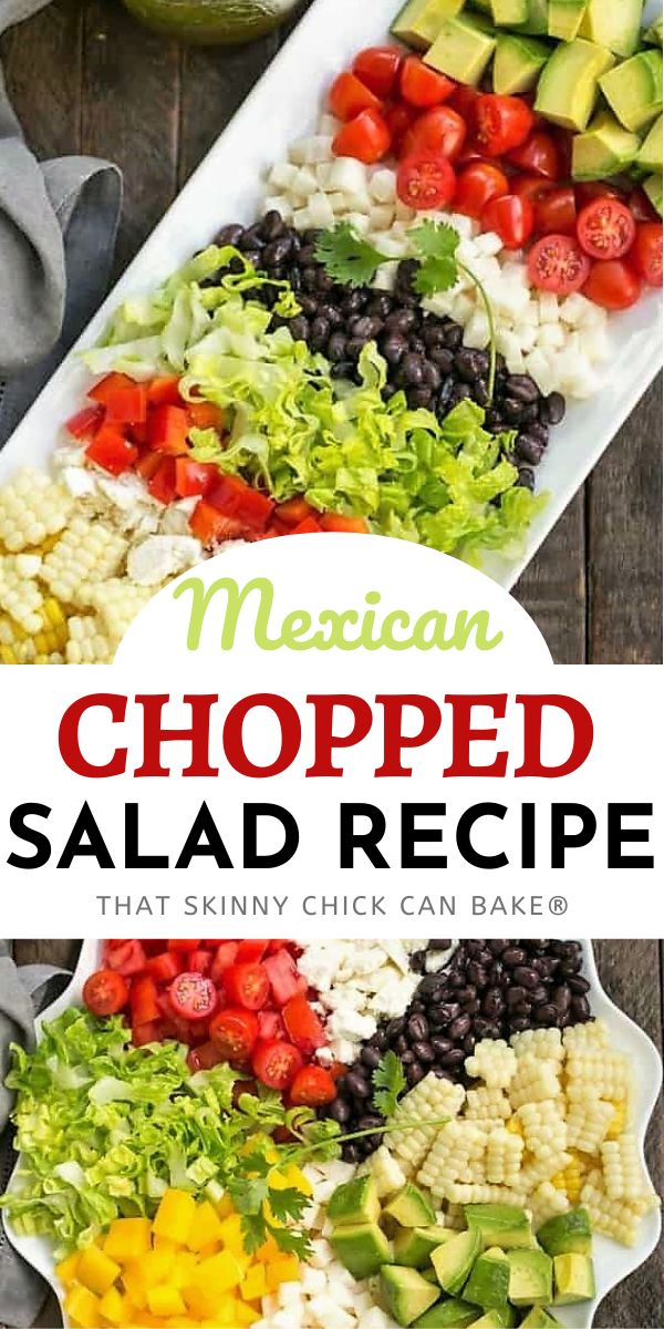 mexican chopped salad recipe on a platter with text overlay that reads, mexican chopped salad