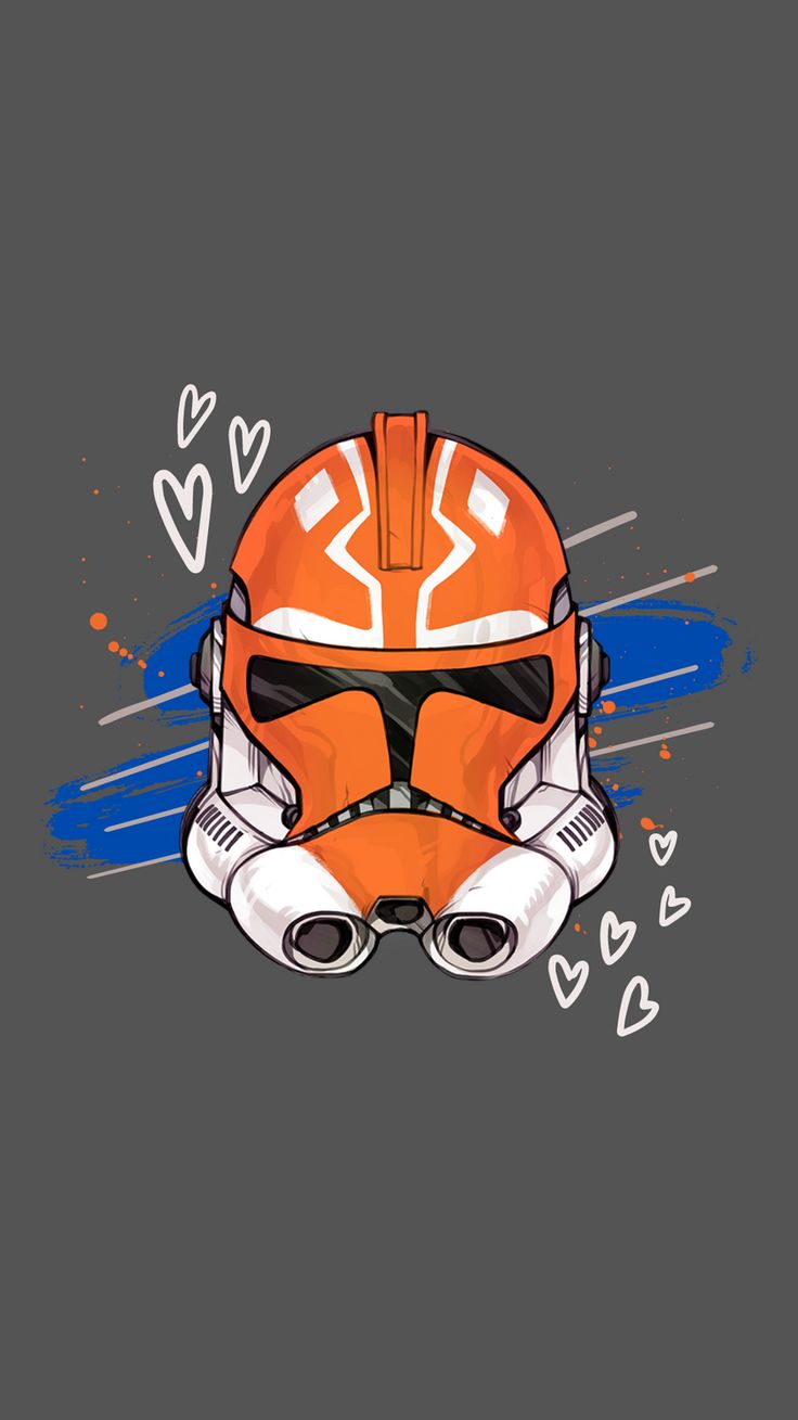 an orange helmet and goggles with hearts drawn on the side, against a gray background