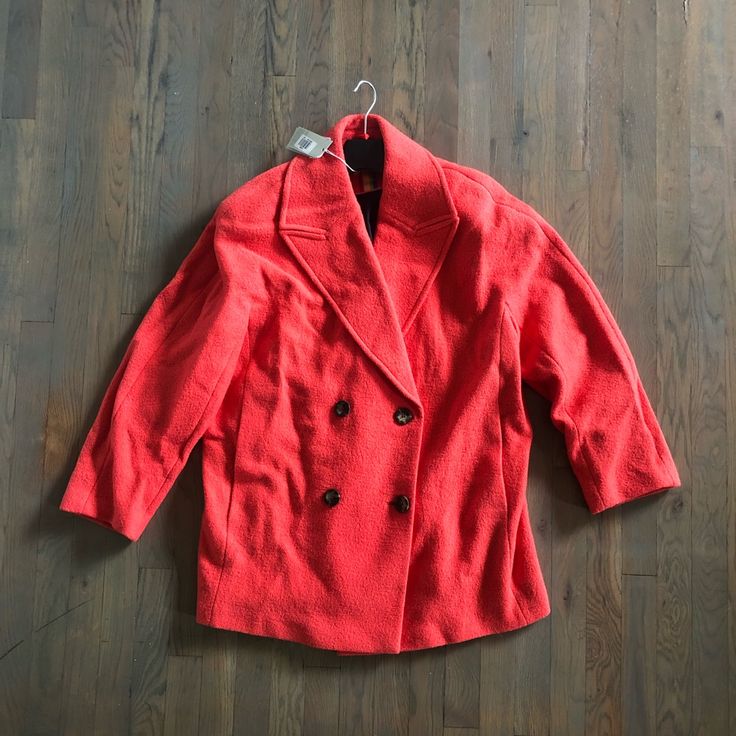 Sold Out On Boden Website. Has Small Stain As Pictured. Elegant Red Pea Coat For Work, Red Outerwear With Lapel Collar For Fall, Red Lapel Collar Outerwear For Fall, Red Double-breasted Fall Blazer, Red Double-breasted Blazer For Fall, Elegant Red Pea Coat For Workwear, Classic Red Pea Coat For Fall, Red Wool Double-breasted Outerwear, Red Double-breasted Wool Outerwear