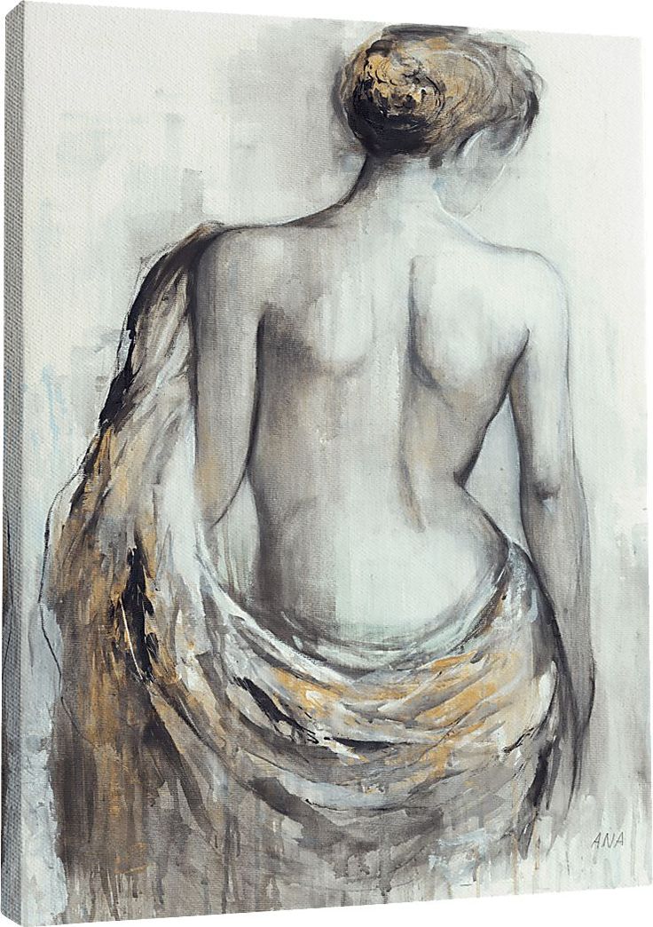 a painting of a naked woman with long hair and flowing fabric on her back, looking down at the ground