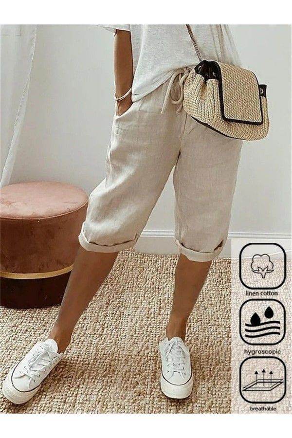 Comfortable Solid Color Summer Pants, Casual Solid Color Capris For Summer, Summer Casual Cargo Pants, Casual Non-stretch High Waist Capris, Casual High Waist Non-stretch Capris, Comfortable Beige Leisure Bottoms, Summer Comfortable Relaxed Fit Cargo Pants, Casual Beige Cotton Capris, Leisure Solid Color Pants For Spring