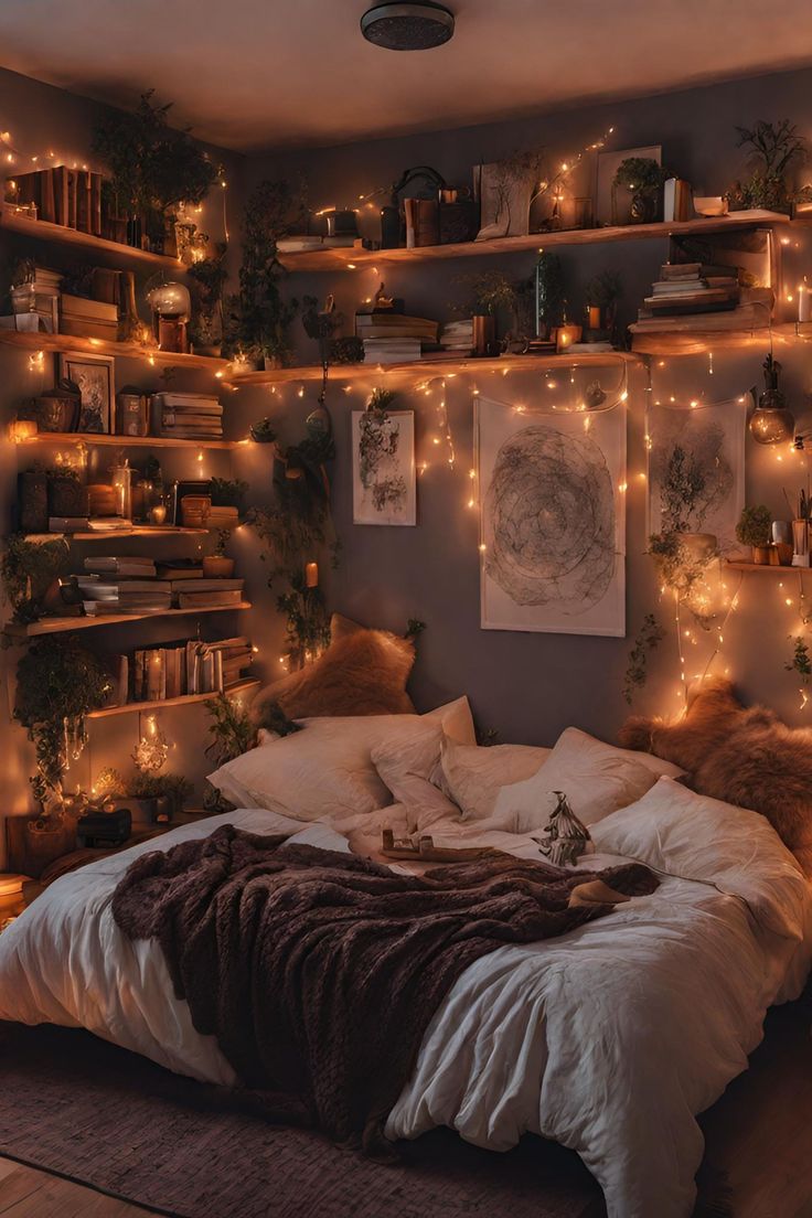 Vintage boho bedroom with books on wall and fairy lights, creating a cosy book nook Dream Bedroom Inspiration, Bedroom Decor Cozy, Cute Bedroom Decor, Redecorate Bedroom, Dream House Rooms, Cozy Room Decor, Aesthetic Rooms, Dreamy Room, Dream Room Inspiration