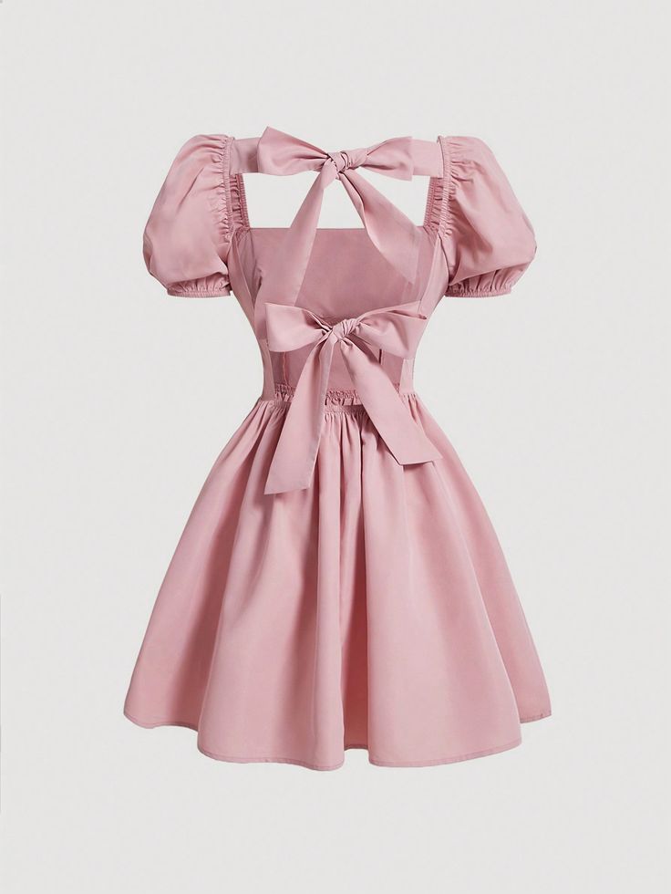 Pink Solid Color Back Bow Tie Decor Ladies' Dress Pink Casual  Short Sleeve Woven Fabric Plain A Line Non-Stretch  Women Clothing, size features are:Bust: ,Length: ,Sleeve Length: Princess Bubblegum Outfits, Pink Dress Bow, Graduation Dress Plus Size, Tie Decor, Rose Colored Dress, Cotillion Dresses, Halloween Costume Design, Pink Bow Dress, Cute Formal Dresses