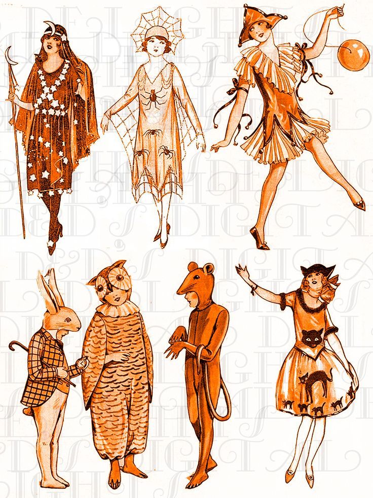 an image of children's costumes drawn in pen and ink