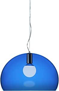 a blue light hanging from a ceiling fixture with a white cord attached to the end