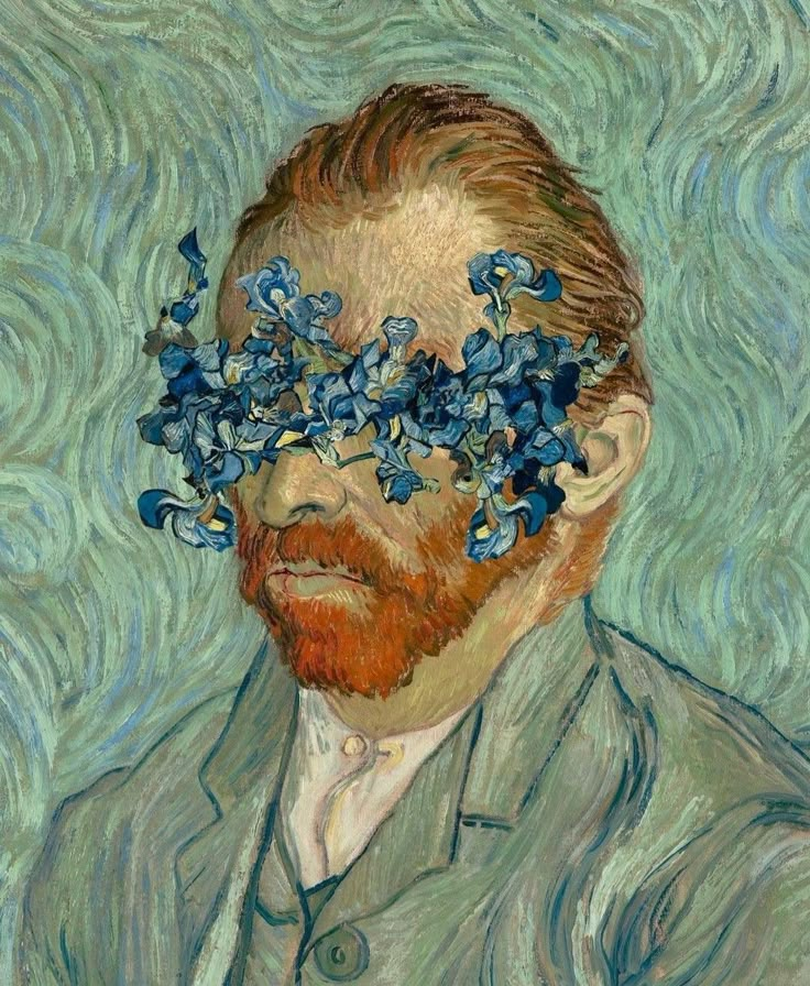 a painting of a man with blue flowers in his hair