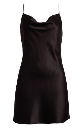 Lustrous satin enriches this mini slipdress featuring a subtle cowl neck and slender straps. 35" length (size 8) Cowl neck Spaghetti straps Lined 75% triacetate, 25% polyester Dry clean Imported Sleek Slip Dress With Straight Neckline For Night Out, Satin Slip Dress For Night Out With Straight Neckline, Satin Slip Dress With Straight Neckline For Night Out, Sleek Cowl Neck Slip Dress For Night Out, Silk Slip Dress With Straight Neckline For Night Out, Elegant Camisole Slip Dress For Night Out, Fitted Slip Dress With Cowl Back For Date Night, Sleek Slip Dress With Straight Neckline For Cocktail, Sleek Satin Slip Dress With Cowl Back