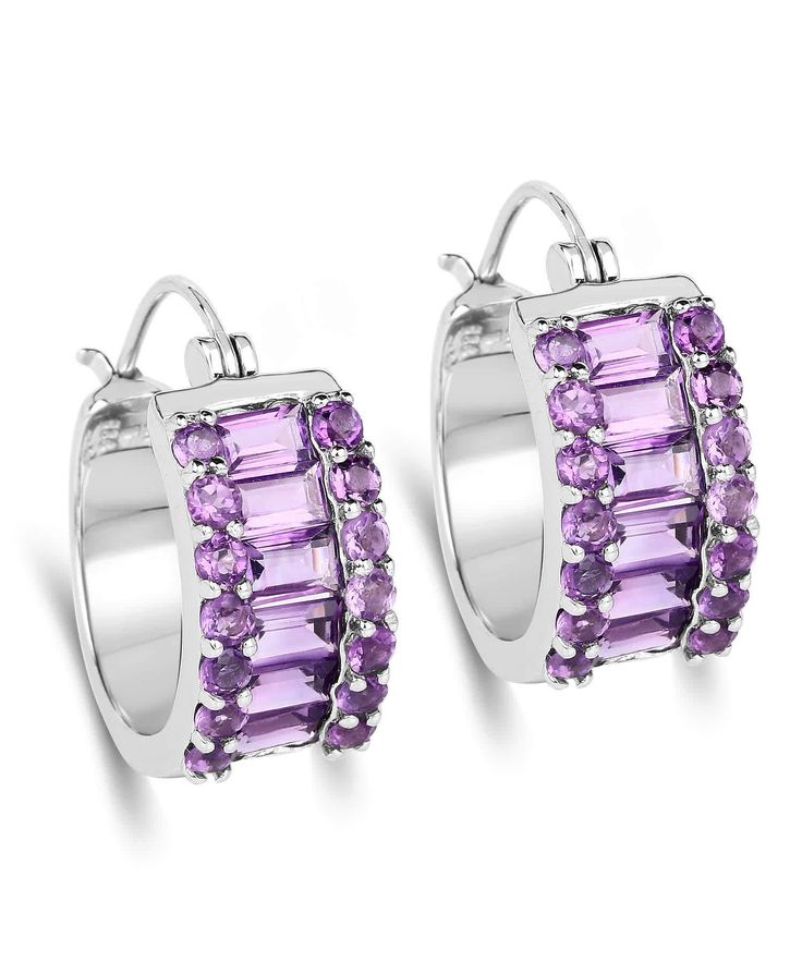 5.56ctw Natural Amethyst Rhodium Plated 925 Sterling Silver Hoop Earrings View 1 Rings Amethyst, Amethyst Rings, Birthstone Earrings, Silver Gemstone Jewelry, 18k Gold Jewelry, Amethyst Jewelry, Birthstone Earring, Sterling Silver Hoop Earrings, February Birthstone