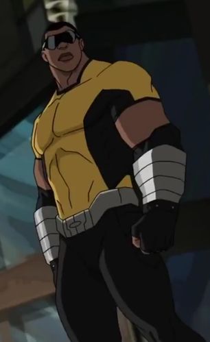 an animated man in yellow shirt and black pants