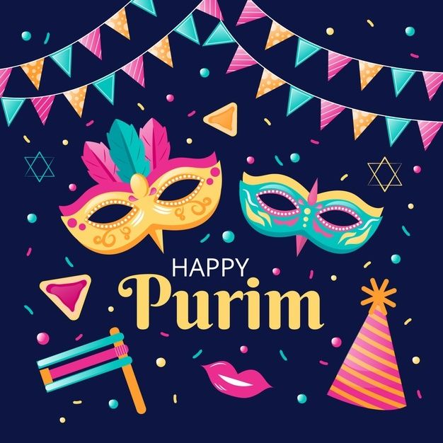 happy purim with masks and streamers on dark blue background for celebration or masquerade