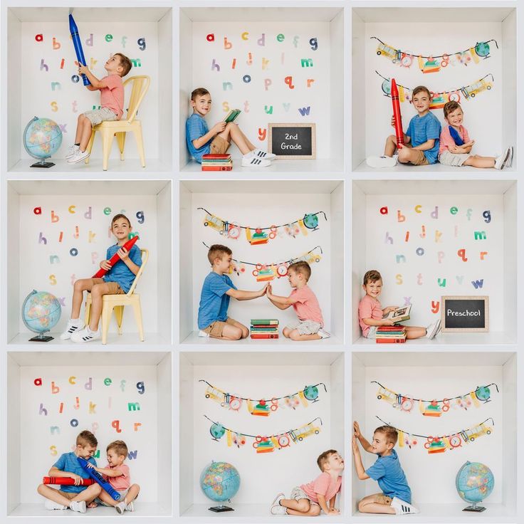 a collage of photos showing two children playing with each other in front of a chalkboard wall