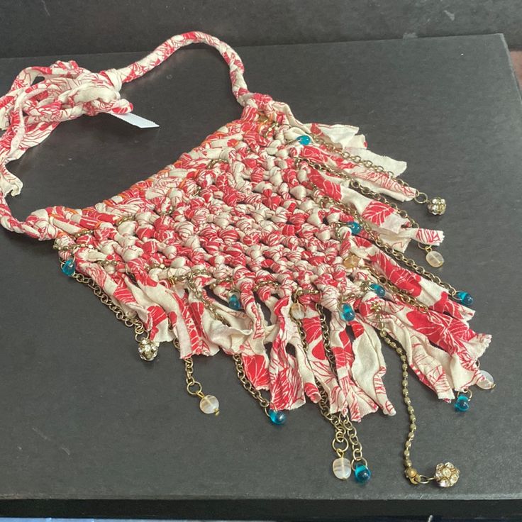 Nwt Artisan Handmade Cloth Bib Necklace. Ties Around Neck. Interwoven With Chains And Beads. Red Beaded Necklaces For Summer, Red Necklaces For Summer Festival, Summer Festival Red Necklaces, Red Necklace For Summer Festivals, Summer Red Necklaces With Colorful Beads, Summer Red Necklace With Colorful Beads, White Chain Necklace For Festivals, White Chain Necklace For Festival, Handmade Red Necklace For Summer