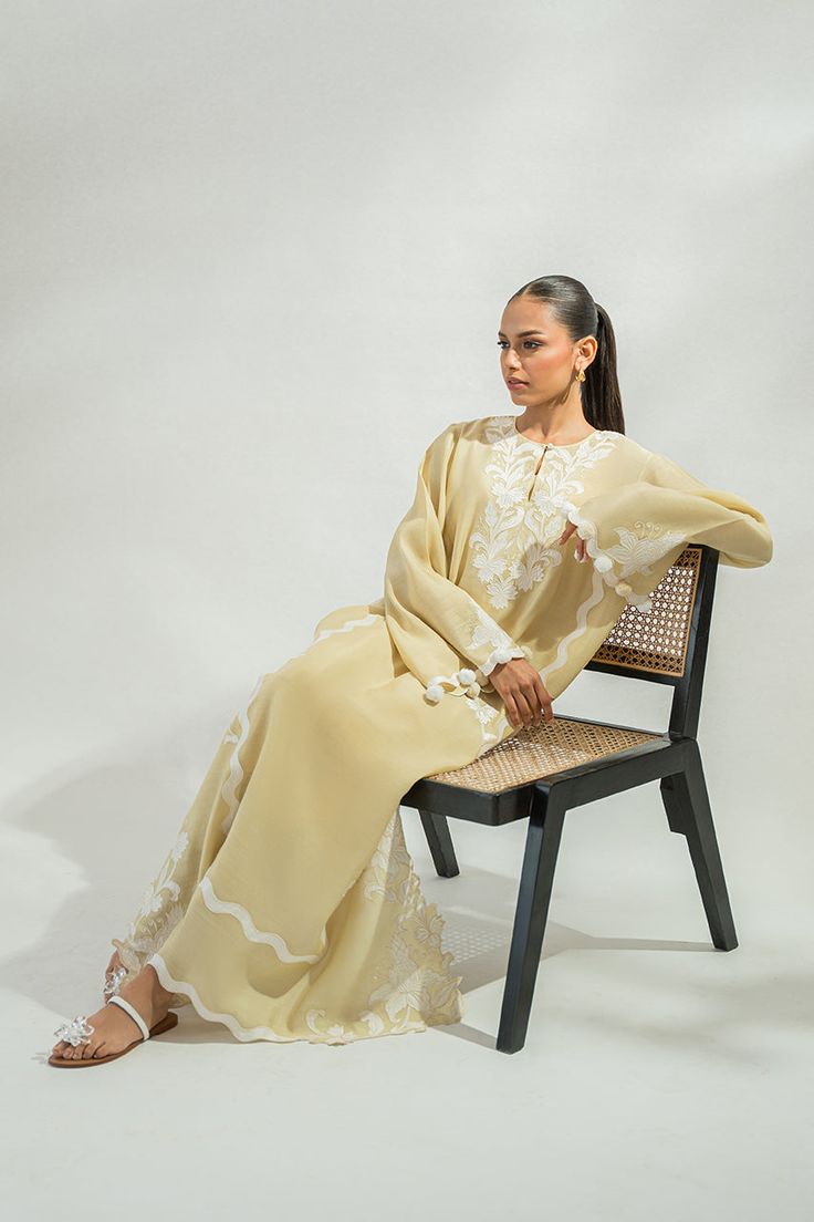 Jiya (B) – Sania Maskatiya International Yellow Kaftan, Sania Maskatiya, Silk Trousers, Scalloped Edges, Floral Applique, How To Dye Fabric, Pale Yellow, Raw Silk, Custom Sizing