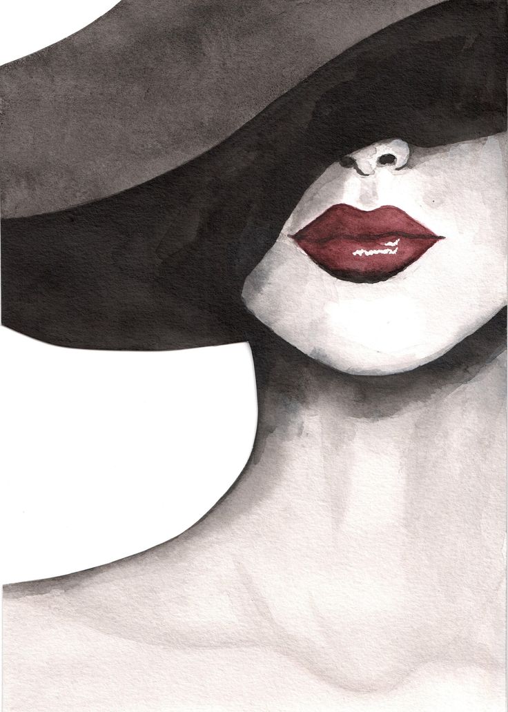 a painting of a woman wearing a black hat with red lips on her face and one eye closed