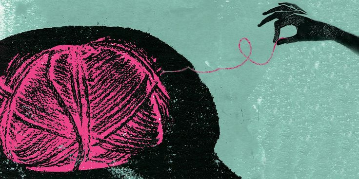 a drawing of a woman's head with a ball of yarn in her hand