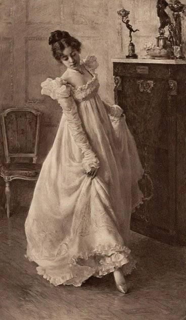 an old fashion photo of a woman in a white dress standing next to a dresser