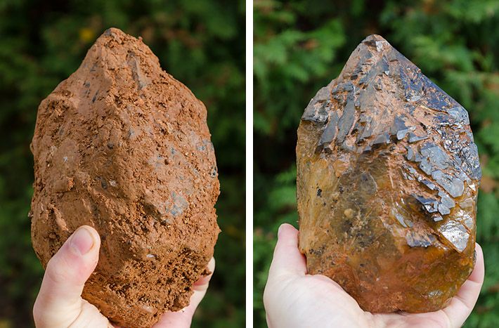 two pictures of a rock being held in one hand and the other with dirt on it