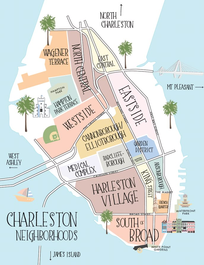 a map of charleston, south carolina with the names and locations in pink on it