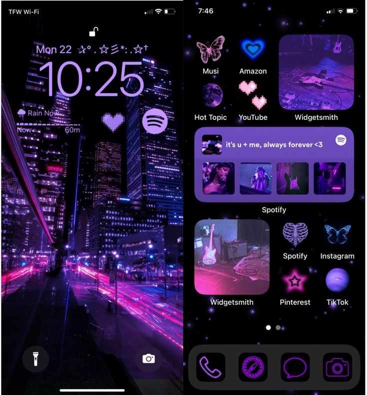 an iphone screen with purple and blue images on it, next to the image of city lights