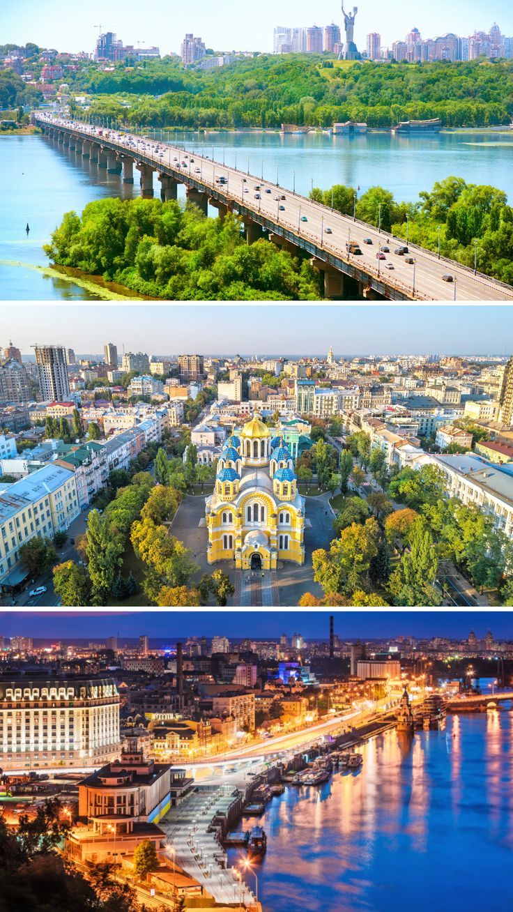 two pictures with different views of the city and bridge over water at night, from top to bottom