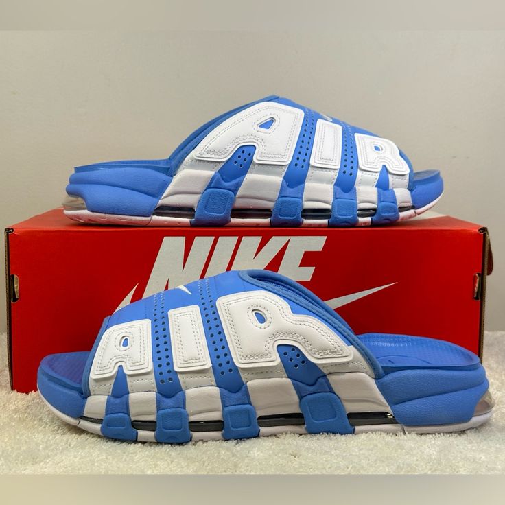 New Nike Air More Uptempo Slide Unc Size Mens 12 Color University Blue Padded Strap, Air Overlays, Foam Footbed, Visible Air Unit For Cushioning, Rubber Outsole Brand New, Never Worn, With Box Nike Cushioned Slides, Nike Low-top Slides With Cushioned Footbed, Blue Comfortable Sports Slides, Comfortable Blue Sports Slides, Comfortable Blue Slides For Sports, Comfortable Light Blue Sneakers For Sports, Breathable Blue Slide Sandals, Comfortable Blue Slides With Cushioned Footbed, Light Blue Casual Sneakers With Air Cushioning