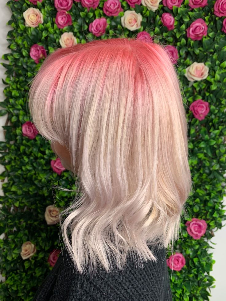 Pink Root Blonde Hair, Tips Of Hair Dyed Pink, Color Roots Blonde Hair, Pink Shadow Root Blonde, Blonde Hair With Colored Roots, Dyed Roots On Blonde Hair, Blonde With Colored Roots, Coloured Roots Blonde Hair, Blonde Hair With Pink Roots