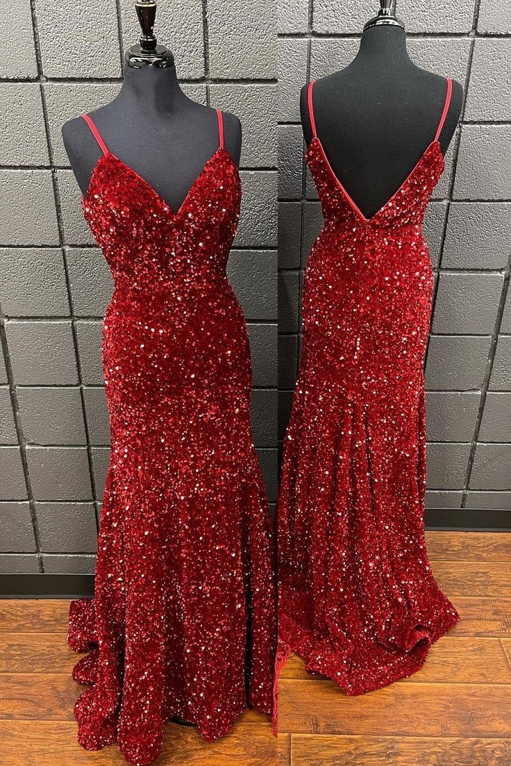 Straps Red Sequin V Neck Mermaid Long Prom Dress Red Prom Dress Long, Glittery Dress, Long Formal Dress, Red Homecoming Dresses, Long Red Dress, Short Homecoming Dress, Sequin Shorts, Red Sequin, Long Red