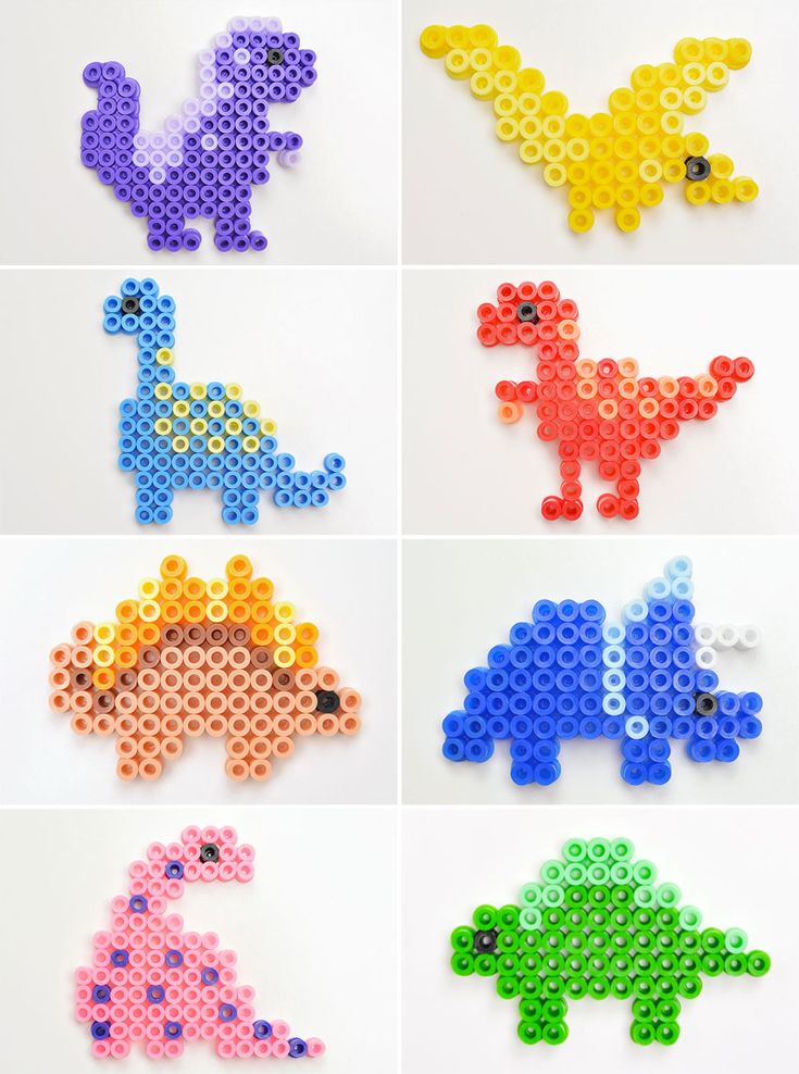 six different types of perler bead dinosaurs in various colors and sizes, each with an individual's name