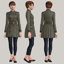 three different views of a woman in a green coat