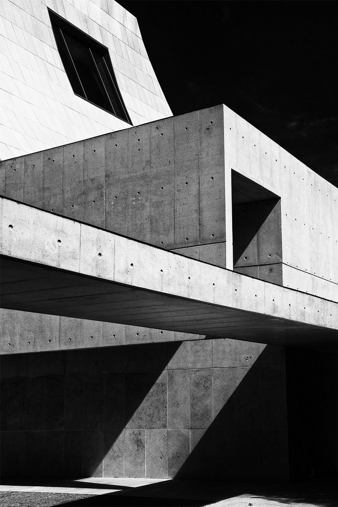 black and white photograph of concrete architecture