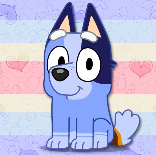 a blue dog sitting on top of a pink and white striped background with hearts around it