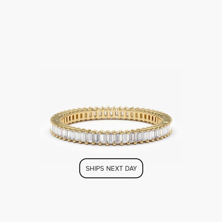 "Baguette Diamond Full Eternity Ring in 14k Solid Gold  / Stackable Diamond Eternity Ring for Women 0.75ctw by Ferkos Fine Jewelry Item Details  * Gold Kt: 14K (Please message me if you want 18K) * Custom Gold Color: Rose Gold, Yellow Gold, White Gold * Baguette Diamonds: 56 pcs 2 x 1 MM * Total CTW: 0.75 CTW (Size 6) * Diamond Color-Clarity: G Color Si Clarity * Setting Type: Prong If you have any additional questions about this ring, just hit the \"Message Ferko\" button and we will get back to you within a few hours. ▶ See more of our Diamond Rings - http://etsy.me/2lwKUl8 ▶ See our storefront here - http://etsy.me/2lUcVnH  ▶ All store sections here * Diamond Rings - http://etsy.me/2lwKUl8 * Diamond Earrings - http://etsy.me/2lyqVBP * Diamond Necklace - http://etsy.me/2mqa6O1 * Diamond Yellow Gold Emerald-cut Eternity Band With Baguette Diamonds, Emerald Cut Baguette Diamond Eternity Band In Yellow Gold, Round Eternity Band With Baguette Diamonds, Cubic Zirconia Eternity Band With Baguette Diamonds, Yellow Gold Eternity Band With Baguette Diamonds, Yellow Gold Cubic Zirconia Baguette Cut Eternity Band, Diamond Eternity Ring, Gold Armband, Full Eternity Ring