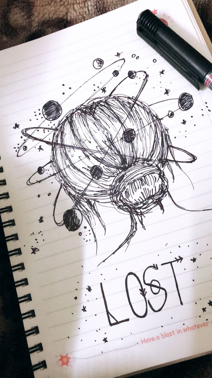 a notebook with the words lost written on it next to a pen and an ink drawing