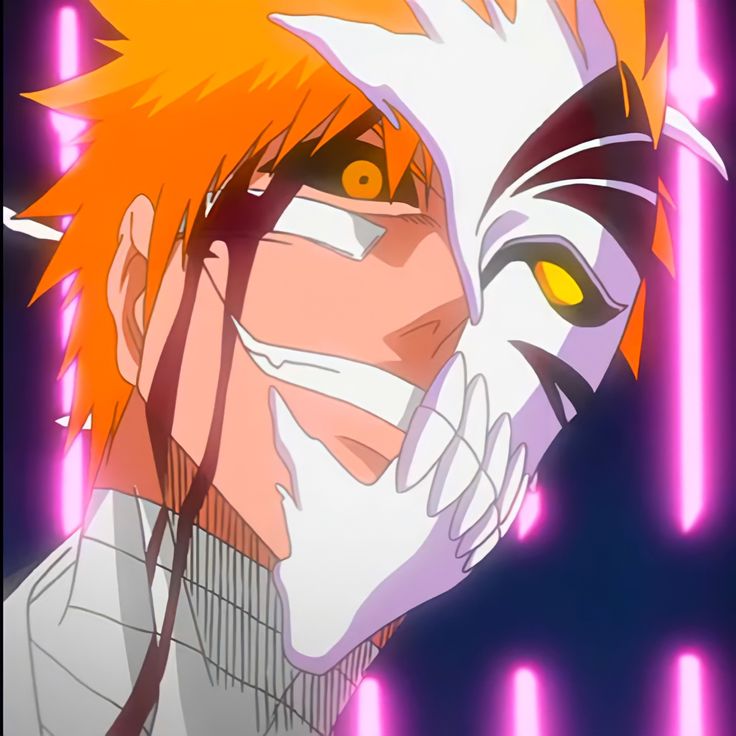 an anime character with orange hair and yellow eyes looking at the camera while standing in front of neon lights