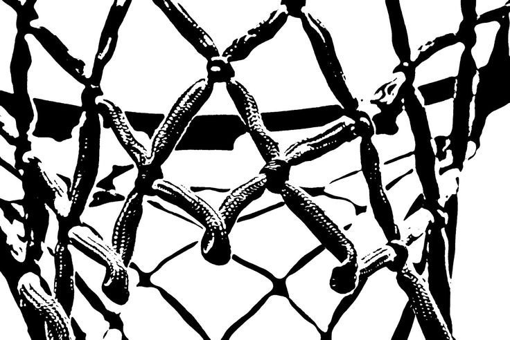 a black and white image of a basketball net with the net's chain link