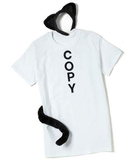 a white t - shirt with the word copy printed on it and a black cat tail