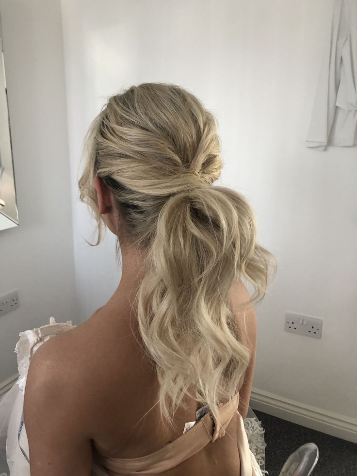 Bridal hair; modern ponytail Bridesmaid Ponytail Medium Length, Leavers Hairstyles, Bridesmaid Hair For Strapless Dress, Ponytail Updo Short Hair, Maid Of Honor Hairstyles, Moh Hair, Maid Of Honor Hair, Ponytail Bridal Hair, Bridesmaid Ponytail