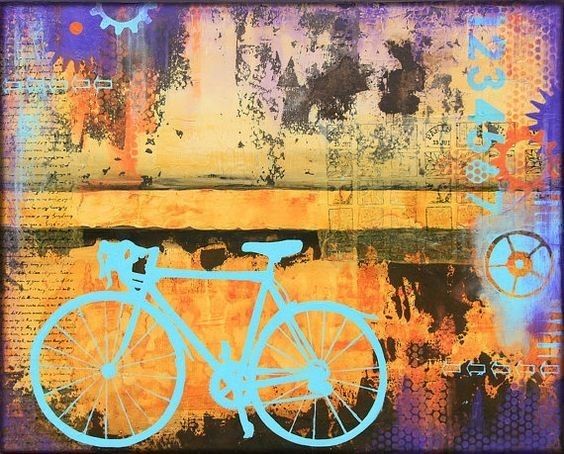 a painting of a blue bicycle on an orange background