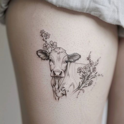 Innovative Cow Tattoo Files Cute Cow Tattoos For Women, Animal And Plant Tattoo, Heifer Tattoo, Animal Tattoos Patchwork, Cow Ear Tag Tattoo, Sunflower Cow Tattoo, Cattle Tattoos For Women, Cow Tattoo Realistic, Cow Hoof Tattoo